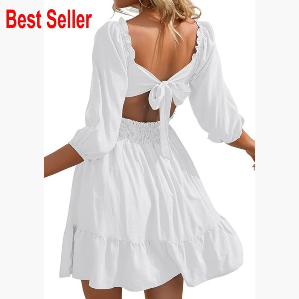 Polyester Summer Tie Back Dress Square Neck Lantern Sleeve Off Shoulder Mini